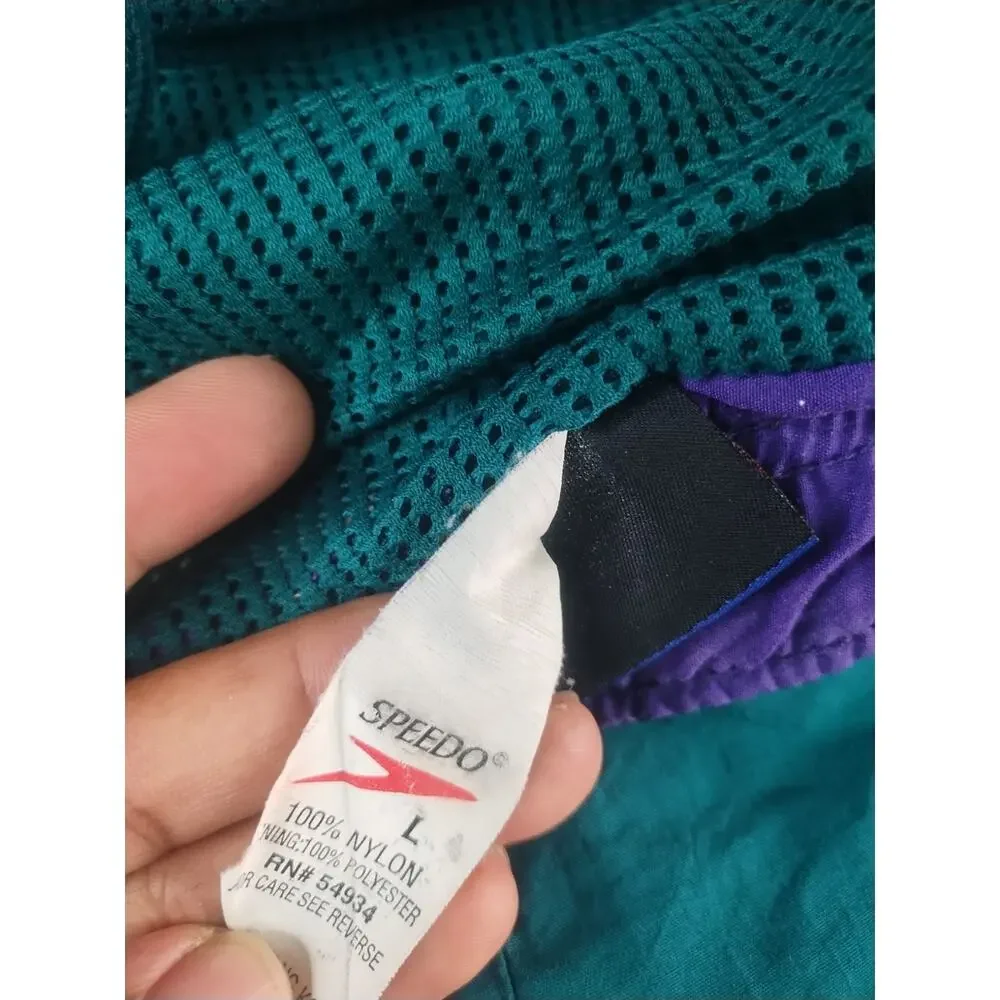 Vintage SPEEDO Teal Spell Out Pockets Mesh Lining Swim Trunk Board Short Size L
